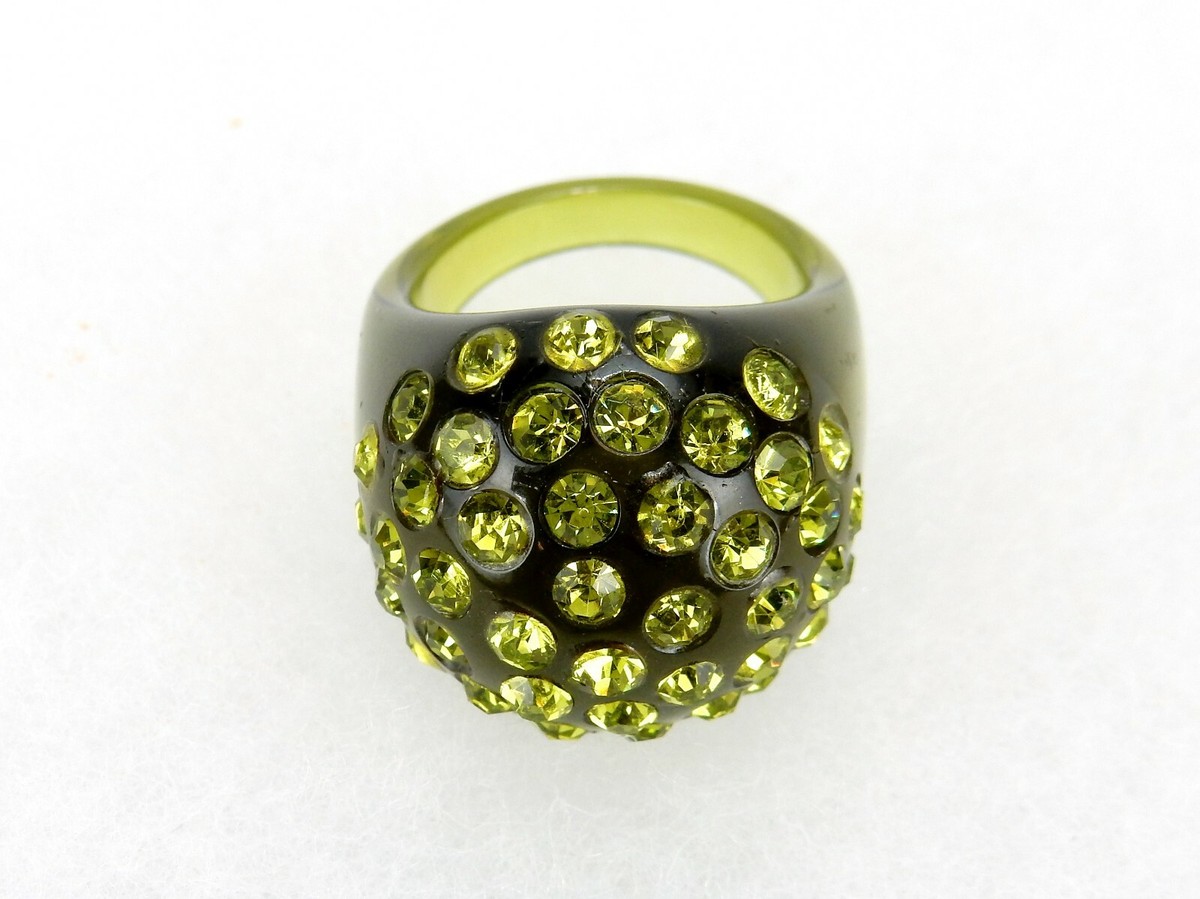 Vintage Costume Jewelry, Moss Green Dome Ring, Pave Rhinetones, Crystals  RG12