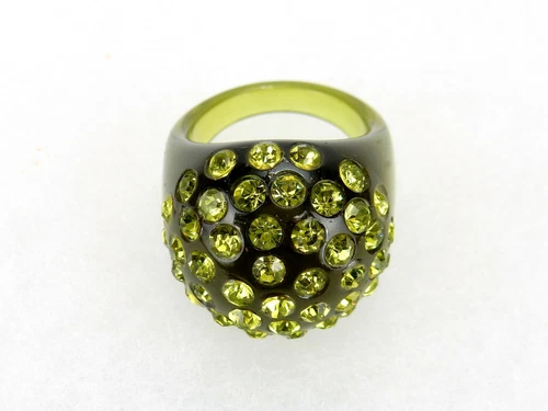 Vintage Costume Jewelry, Moss Green Dome Ring, Pave Rhinetones, Crystals RG12