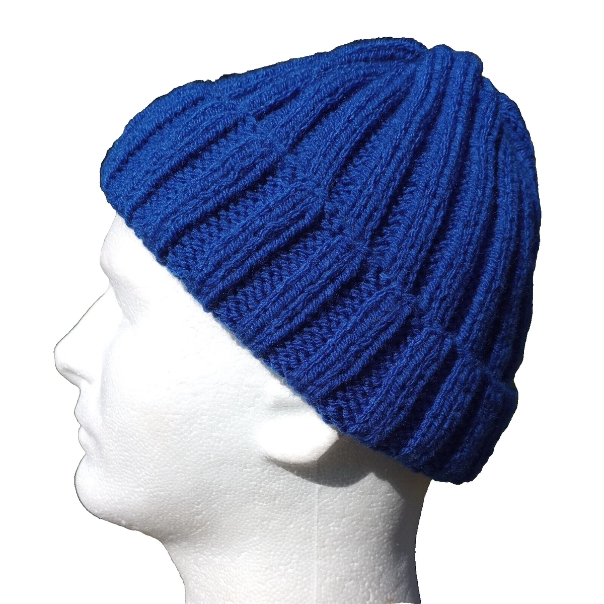 Men's Handmade Sailor Beanie Rib Watch Cap Hat Knit Royal Blue Wide Cuff Acrylic