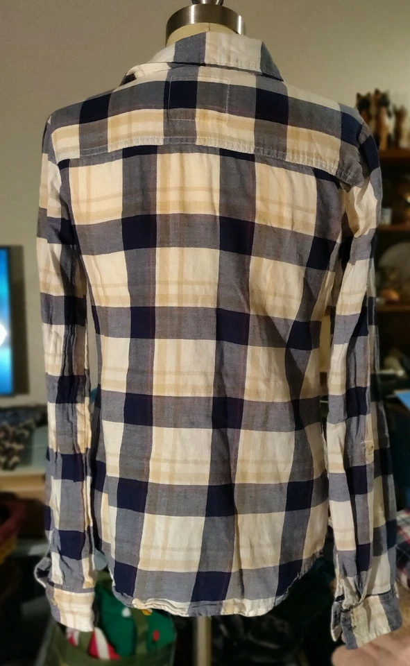 Girl Krazy Cotton Button up Shirt Medium Plaid long sleeve red, white, blue,tan - Image 3 of 4