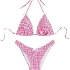 GORGLITTER Women's Bikini Set Bow High Cut Thong Halter Triangle Top Swimsuit