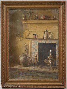 Antique Oil Painting Of Interior Fireplace Decorated With Silver