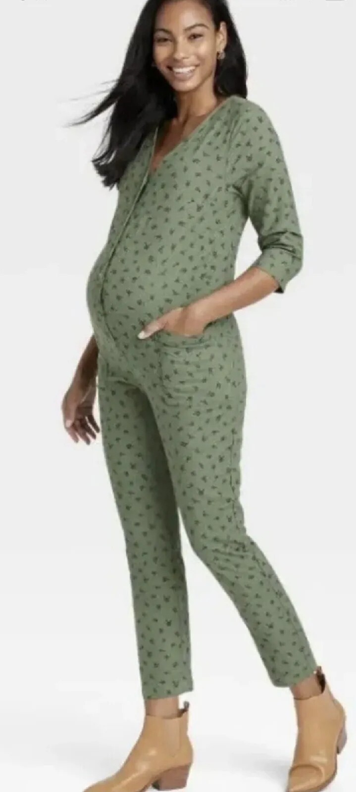 Maternity Jumpsuit Romper  The Nines by HATCH Olive 3/4 Sleeve Button-Front XS-image