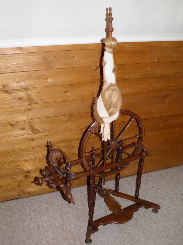 Victorian French Fruit Wood Saxony Hand-Carved Spinning Wheel