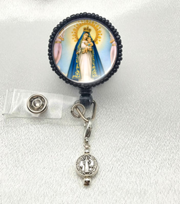 Our Lady of Charity (Caridad) Medal Glass ID Badge Reel Holder Retractable Clip