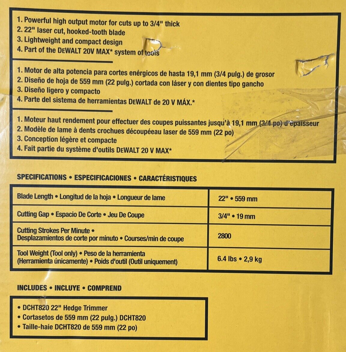 DEWALT 20V MAX 22-inch Cordless Hedge Trimmer TOOL ONLY DCHT820B