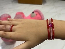 Cubic zircon & Ruby GF gemstone 3str stack stretchable bracelet + Rings jewelry