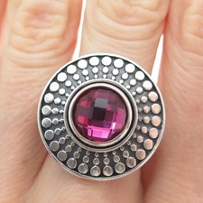 925 Sterling Silver Vintage Pink Glass Granulated Oxidized Ring Size 9