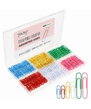 400 Pcs Paper Clips Assorted Sizes Metal Vinyl Coated Colorful Office School