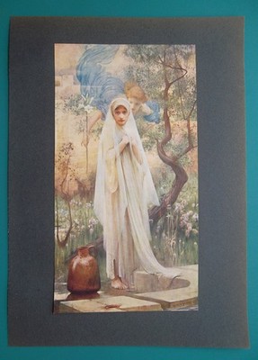 VIRGIN MARY in White Dress Angel Annunciation - 1912 COLOR Print by A. Hacker