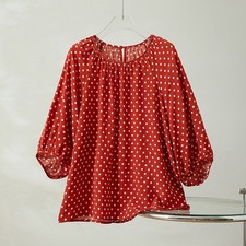 100 Mulberry Silk Loose Type 3/4 Sleeve Red Dots Women Shirt Top Blouse QQ030