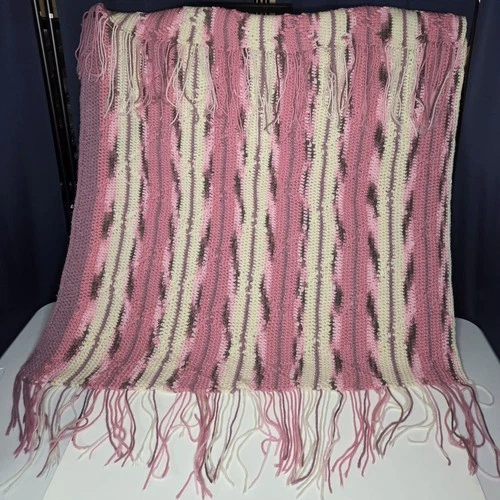 NEW Handmade Crochet 38"x 41" W/ Tassels Multi Pinks/White  Throw Blanket