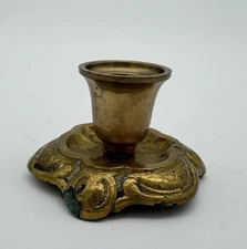 Vintage Ornate Brass Candle Holder 2” Tall Solid Brass Baroque Rococo Decor
