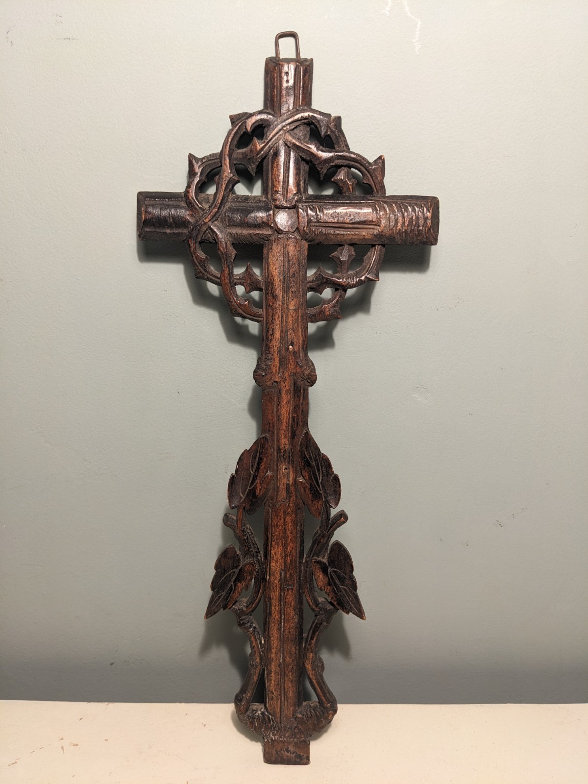 Vintage French Heavily Carved  Wooden Thorn Crucifix Jesus Christ