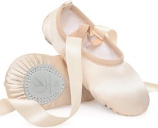 Satin Ballet Shoes Pink Ballet Dance Slippers with Ribbon Ballet Flat Leather