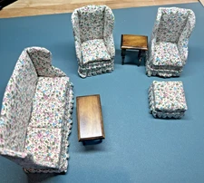Concord Miniatures Cream Sofa with 2 Chairs, Ottoman and tables  Lot 1:12 Scale 