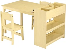 Kids Wooden Table & 2 Chairs Set with 3 Storage Shelves & Paper Roller, Yellow