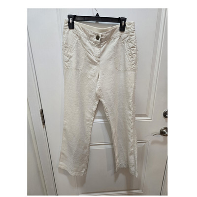 Chico's Women's Beige 100% Linen Flat Front Straight Pants Pockets Casual