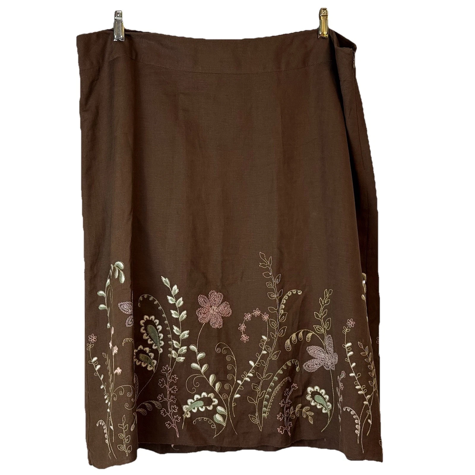 Dressbarn Woman Size 18W Brown Linen Blend Floral Lined Embroidered Zip Skirt