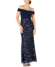 Adrianna Papell Gown 2 Navy Blue Soutache Beaded Embroidered Off The Shoulder