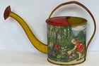 Vintage J Chein Tin Litho Child's Watering Can Girl Red Dress Flowers Gooseneck