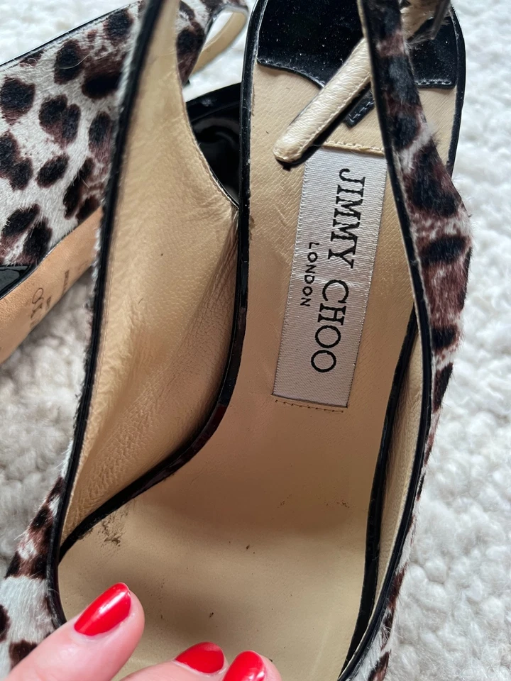 Jimmy Choo pelo de pantorrilla punta abierta tacones de leopardo plataforma negro marrón talla 37 Foto 3 de 4