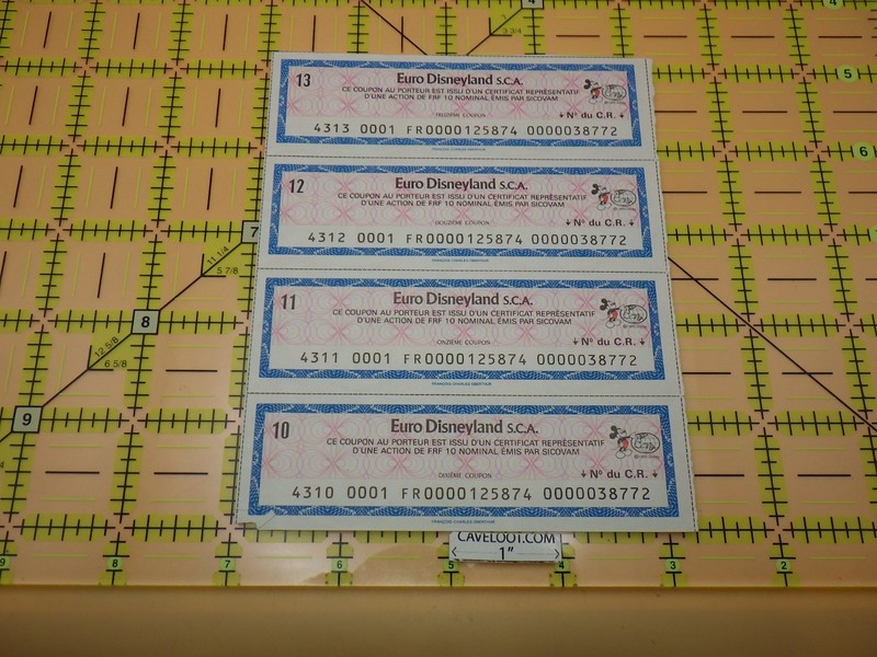 Euro Disneyland Stock Certificate Coupon Strip of 4 Mickey Mouse Disney Ephemera