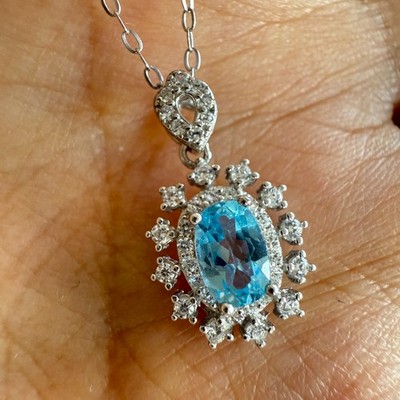 925 Sterling Silber Halskette 6x4mm Natur Blautopas Edelstein Zirkon Sonne Blume