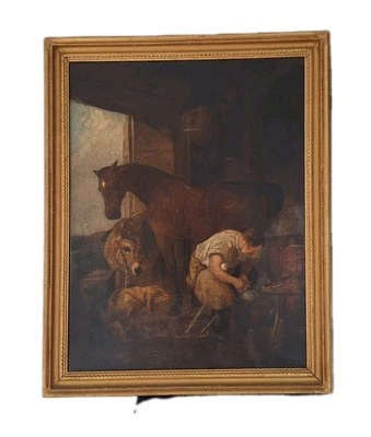 Peinture Ancienne Reproduction Scène Animal Cheval Fermier.Grand Tableau Encadré - Photo 1/4