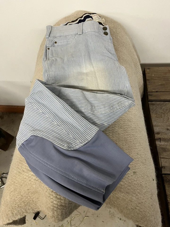 Horseware Seersucker Summer Breeches Blue White Striped 34R Equestrians FL - Image 3 of 4