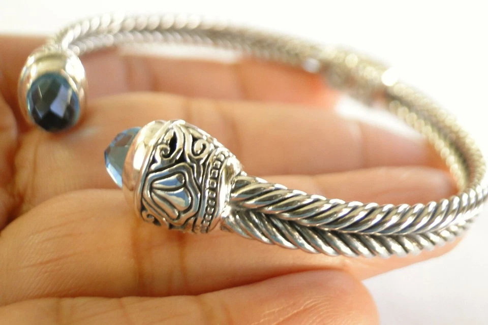 蓝色黄玉装饰巴厘岛 925 纯银袖口手镯手链 — 第 3/4 张图片