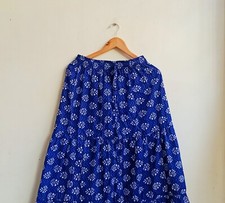Indian Blue Floral Print Long Frill Skirt Cotton Skirt Women's Clothing Skirt US