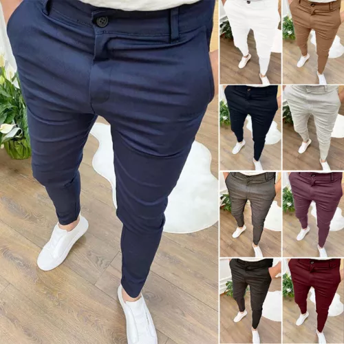 Mens Slim Fit Casual Work Pants Skinny Stretch Business Office Formal Trousers - Picture 2 of 33