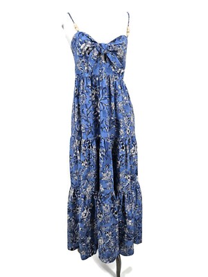 House of Harlow Blue Floral Maxi Dress Womens S Linen Rayon Pockets Tiered