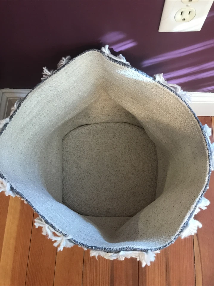 Surya Mansa Global Basket Nuevo Boho Pompones Crema Azul Marino Aqua Blanco Amarillo Almacenamiento Foto 3 de 4