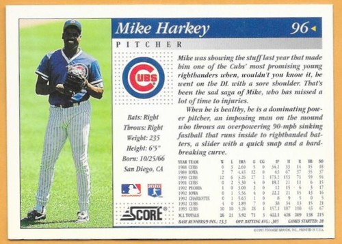 MIKE HARKEY CHICAGO CUBS #96 - SCORE NM-MT 1994 - Picture 2 of 2