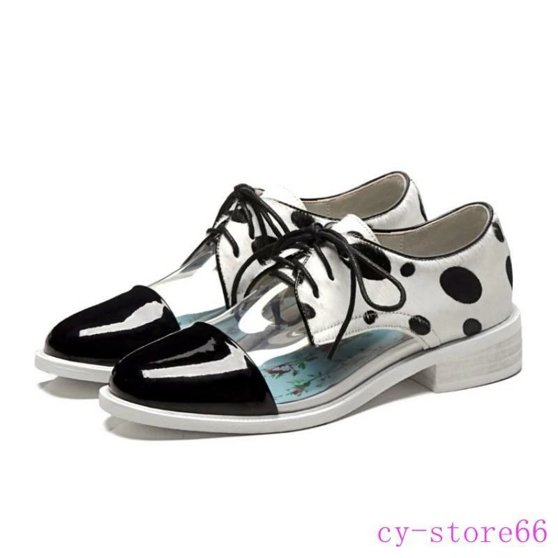 Polka Dot Women s Leather Clear Shoes Lace Up Oxfords Splicing Flats Round Toe