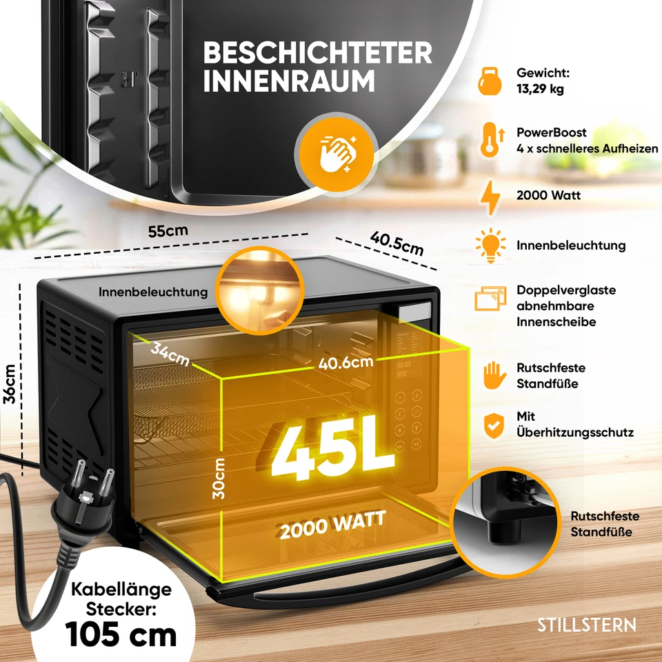Minibackofen mit Umluft 45L Drehspieß Doppelglastür Mini Backofen Pizzaofen - Bild 4 von 4