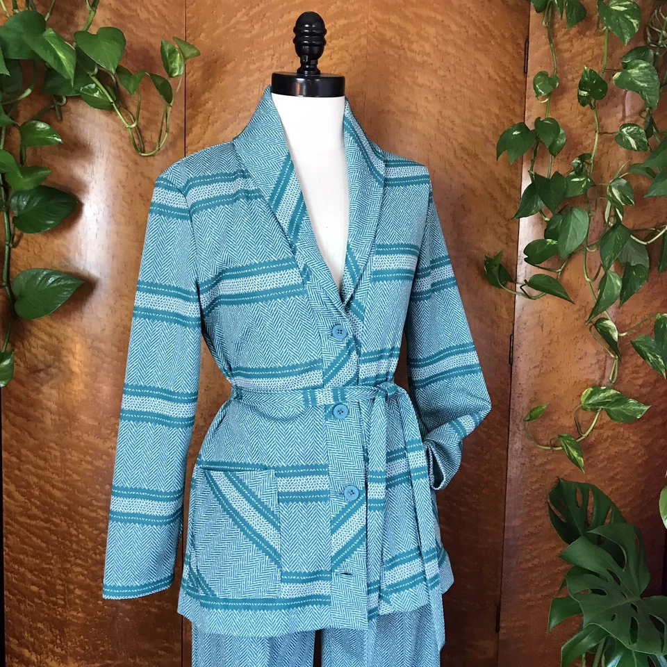 70’s 70s Vintage HERRINGBONE Shawl Collar Jacket Pants Pantsuit Leisure Suit M - Image 3 of 4