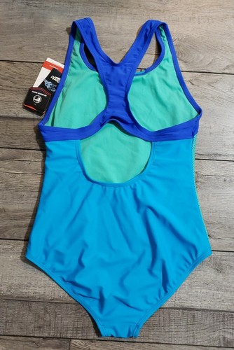 Speedo Girl's Swimsuit One Piece Mesh Splice Thick Strap Sz 16 Cyan - Picture 3 of 5