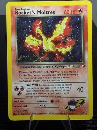 Pokémon TCG Rockets Moltres Holo Rare Card 12/132 Gym Heroes LP + Condition