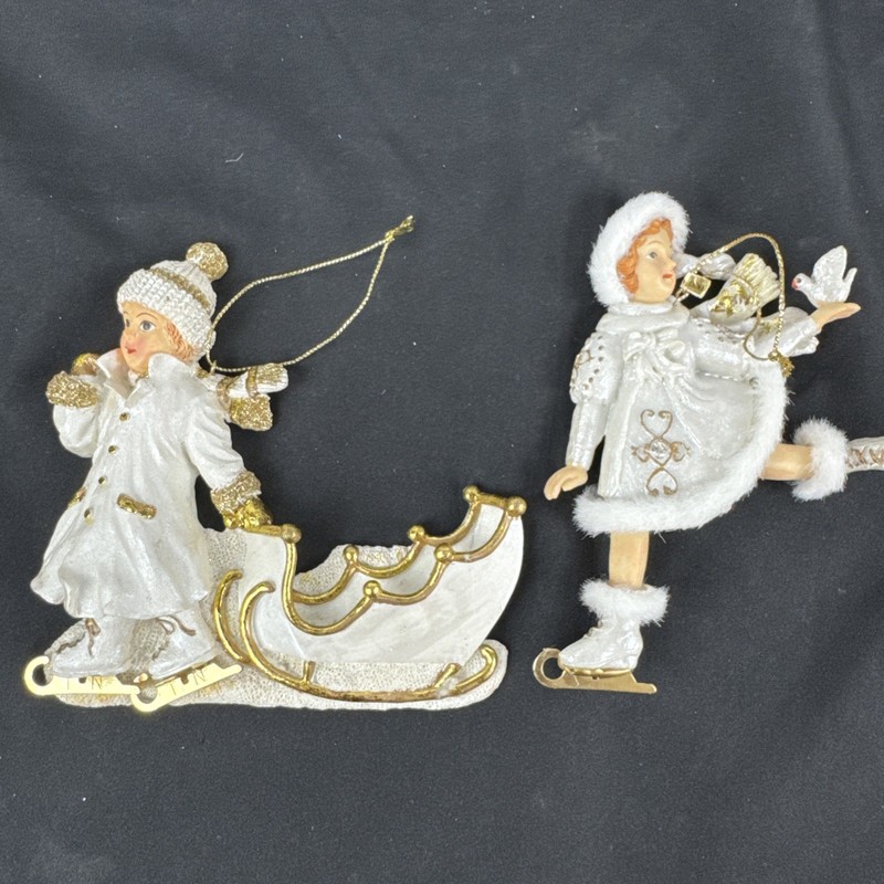 Vtg. Victorian Skating Ornaments One W/sleigh & One W/bird