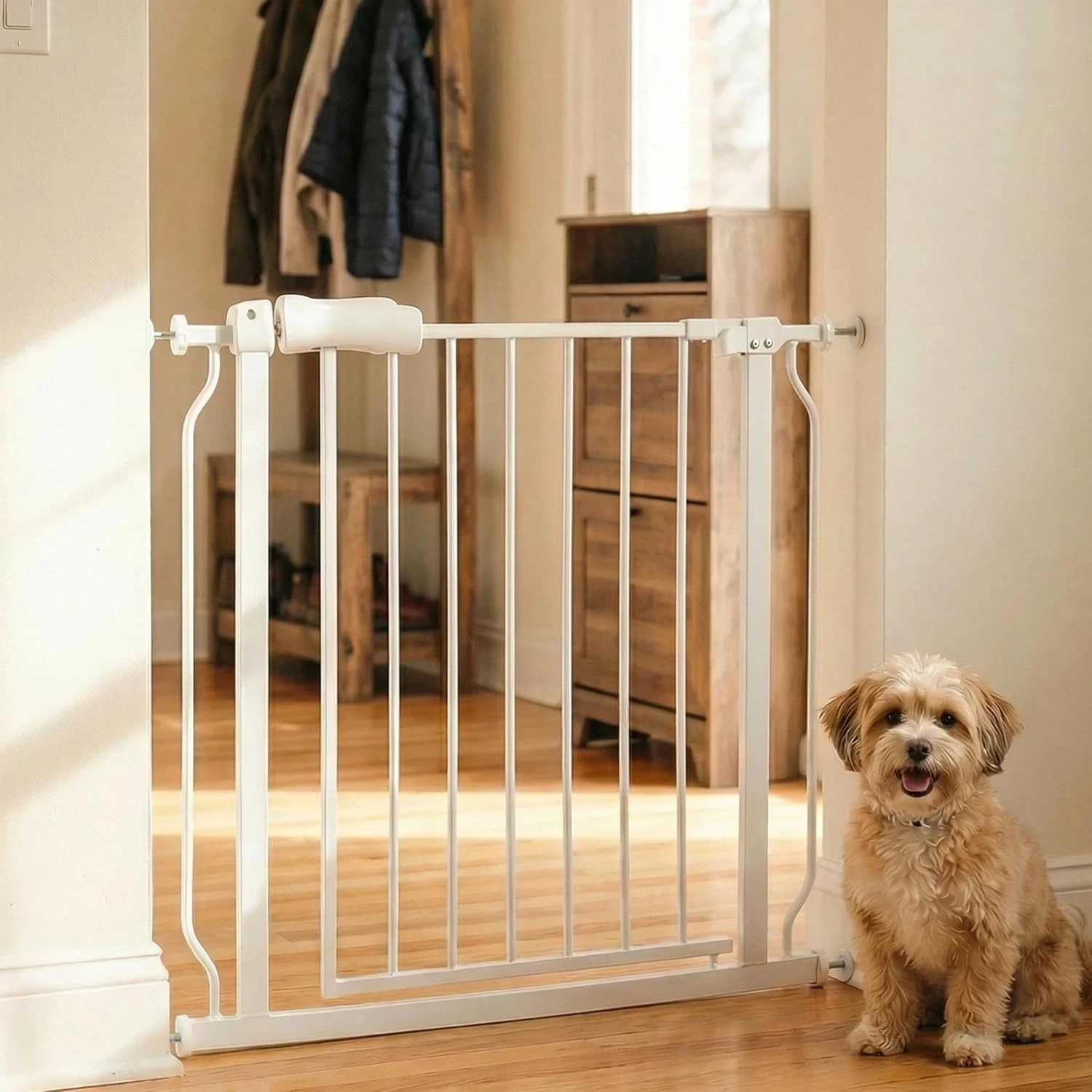 Walk-Through Baby & Dog Gate 29-34 Inch, No Drill, Metal Safety Gate, White