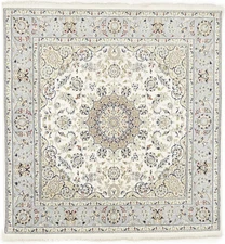 Floral Indo-Nain Wool Oriental Rug 6X6 ft Hand-Knotted Cream Square Carpet