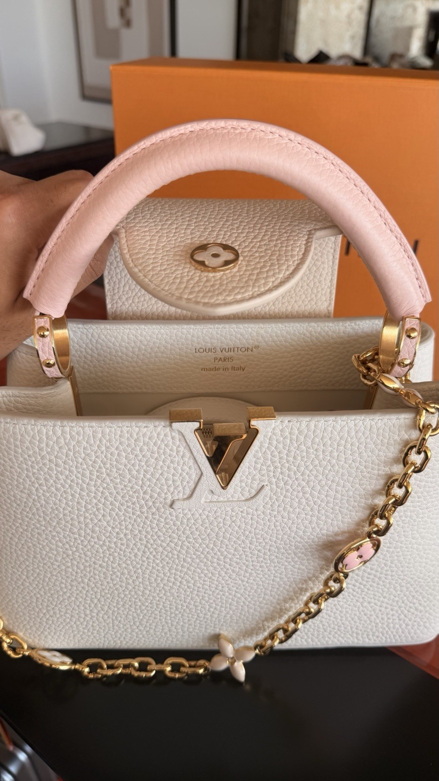Louis Vuitton Leather Top Handle Bag White Pink Gold Chain Flower Accent image 3