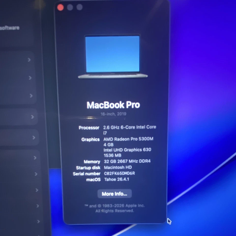 Apple MacBook Pro 16" A2141 500GB Intel 8/6-Core i7/i9 2.6GHz 32GB/16GB RAM 2019, photo 2 of 5