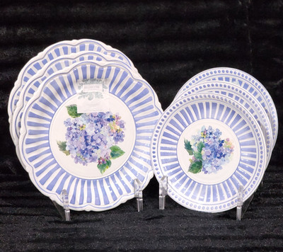 6pc Shabby Chic Floral Hydrangea 3 Dinner & 3 Salad Plates Blue Melamine Summer
