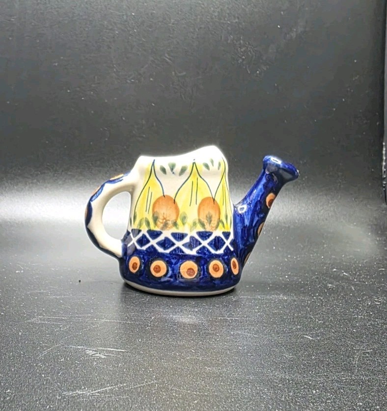 Small Cermaic Polish Pottery Bud Vase Blue Yellow 2.25