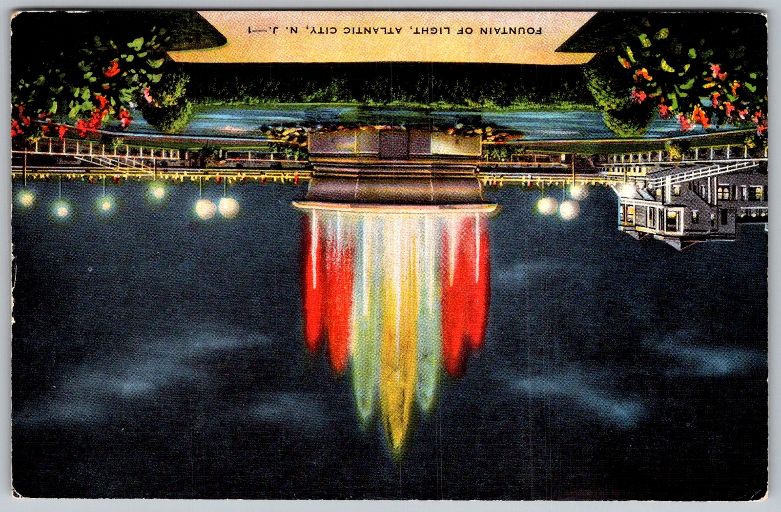 Vtg Linen Postcard Fountain Of Light Atlantic City, NJ 1930s