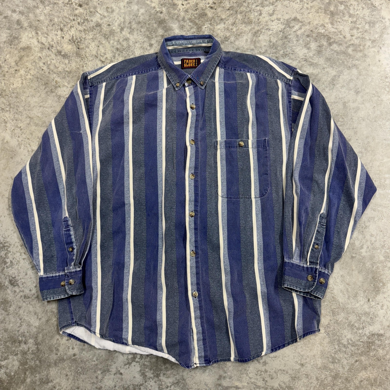 Faded Glory Shirt Mens Large Blue White Vertical Stripe Button Down Casual